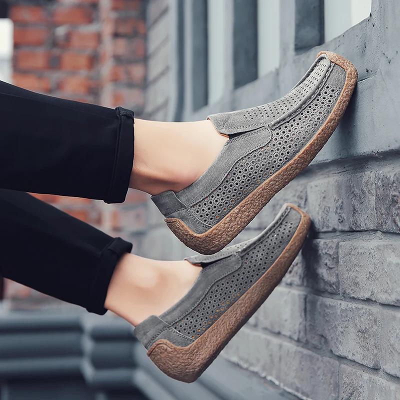 Fashion Outdoor Square Headed Men's Casual Shoes Man Walking Shoes Leather Men Punching Loafers Handmade Flats Slip-On Mens Mocasines