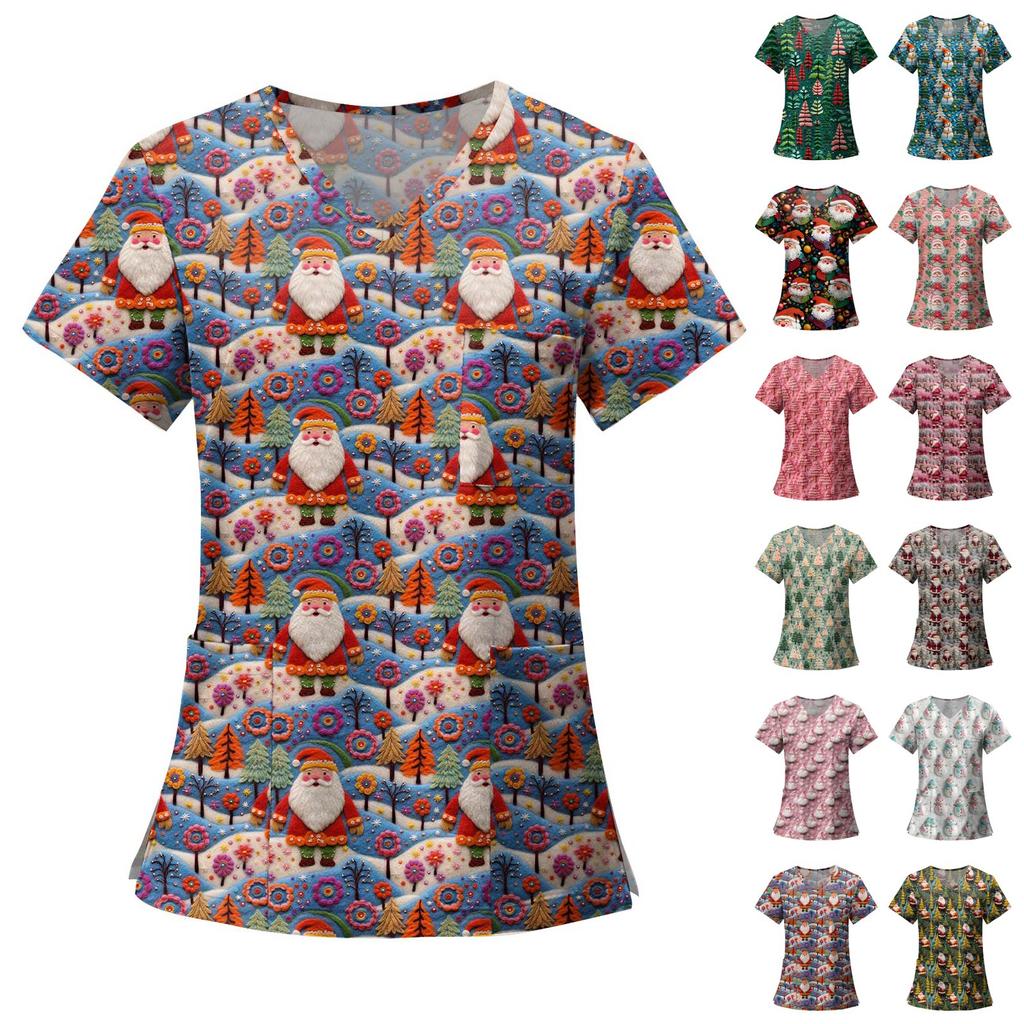 Women's Fashion Printed Short Sleeve V Neck Pattern Tops Pocket Working T-shirts
