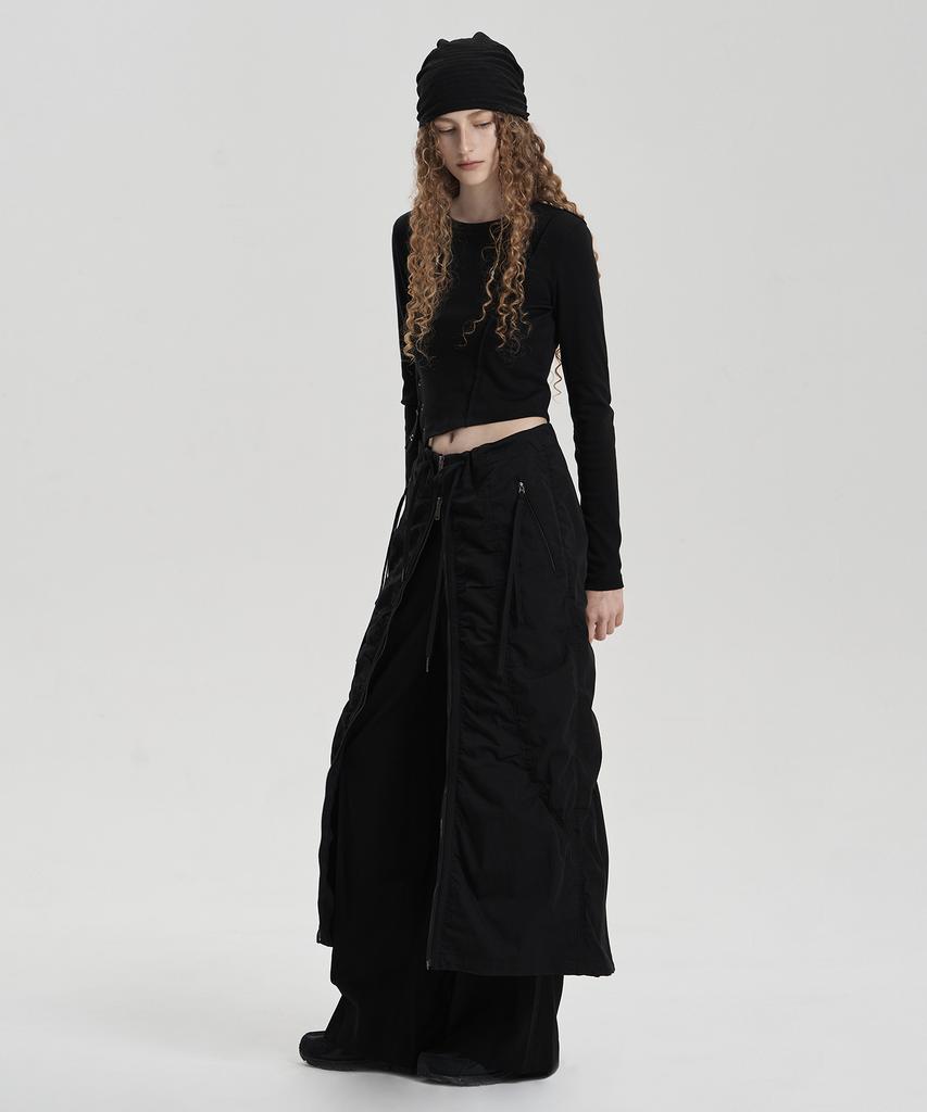 Jenyujeu Layered Belt Zipper Long Skirt - Black