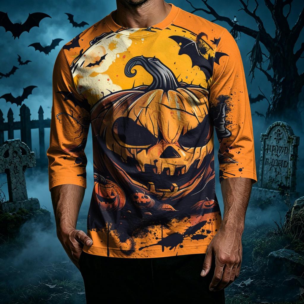 Men's Casual Halloween Print Crew Neck T Shirt Three Quarter Sleeve Top with Graphic Design for Seasonal Wear