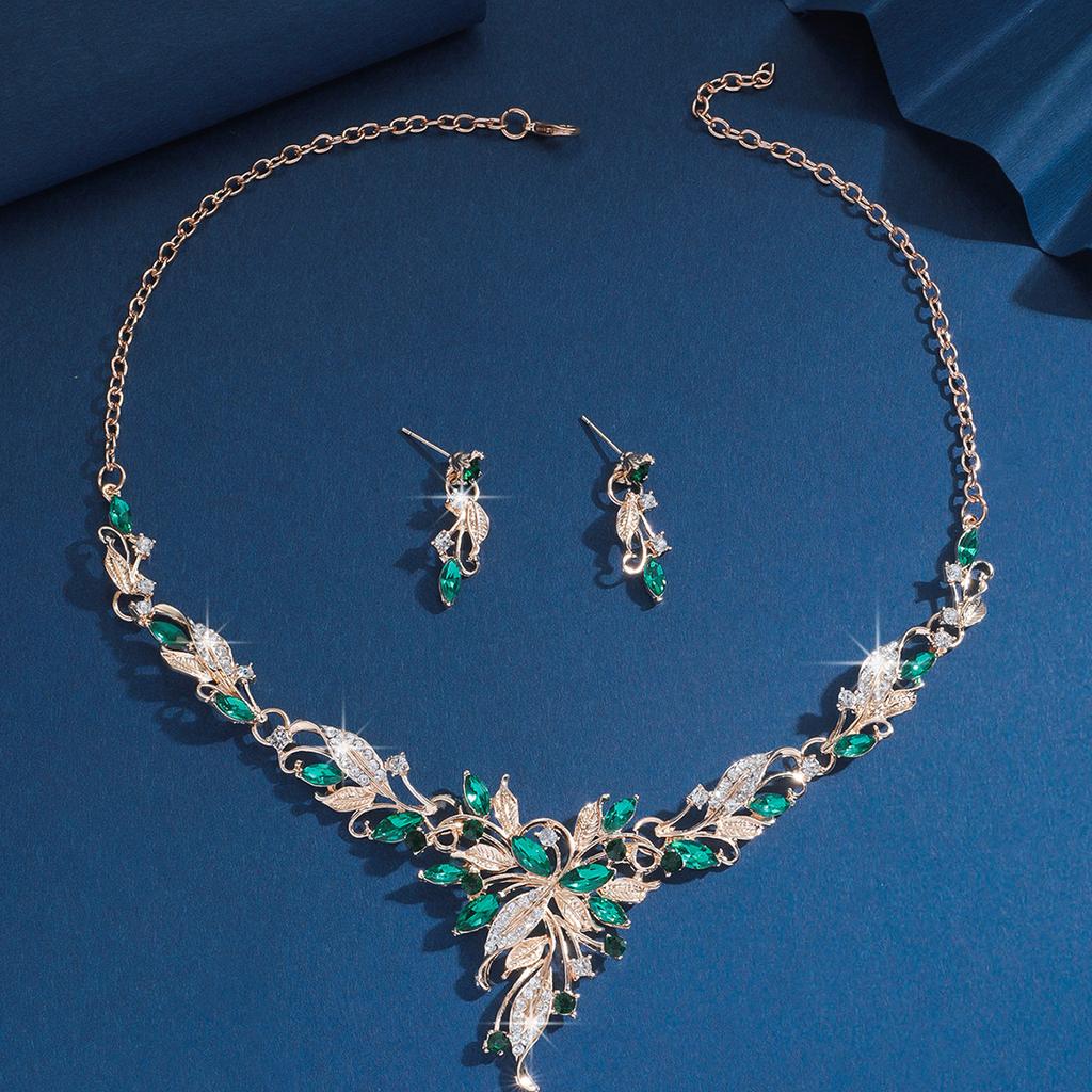 Ladies' Fashion Leaf Water Drop Flower Forest Elegant Crown Necklace Earrings Zircon Set