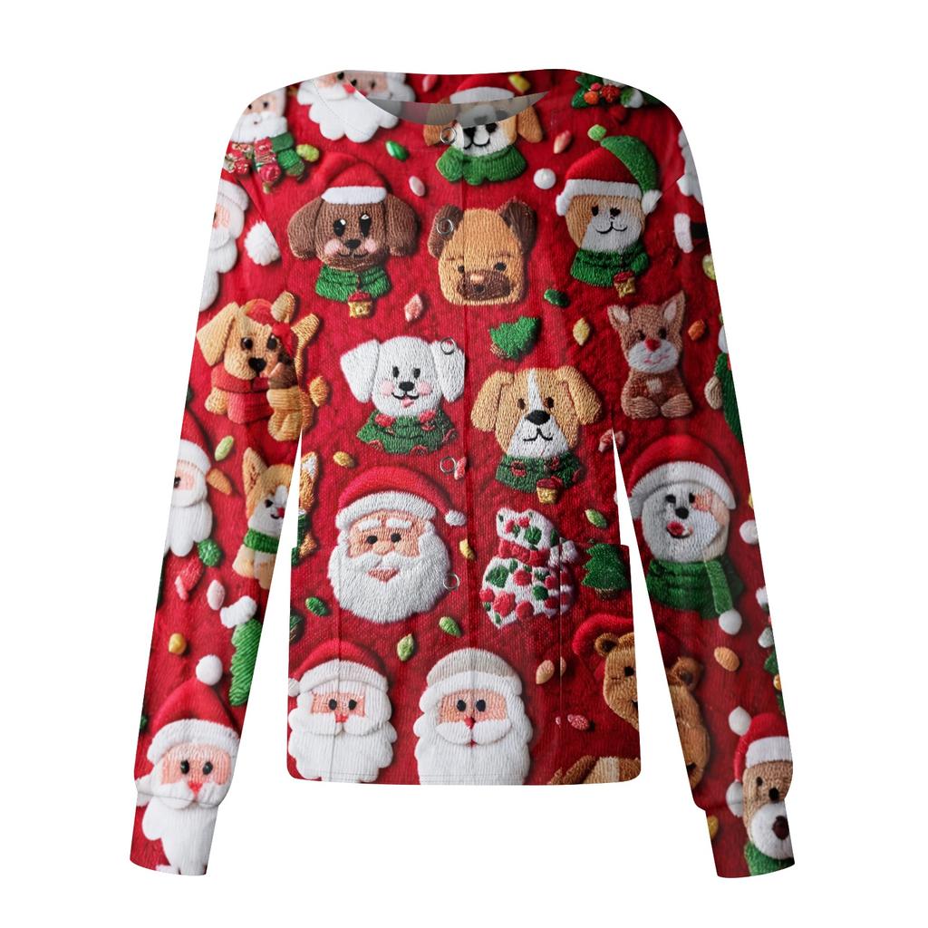 Women's Christmas-printed Casual Long-sleeved Single-breasted Work Uniform Cardigan