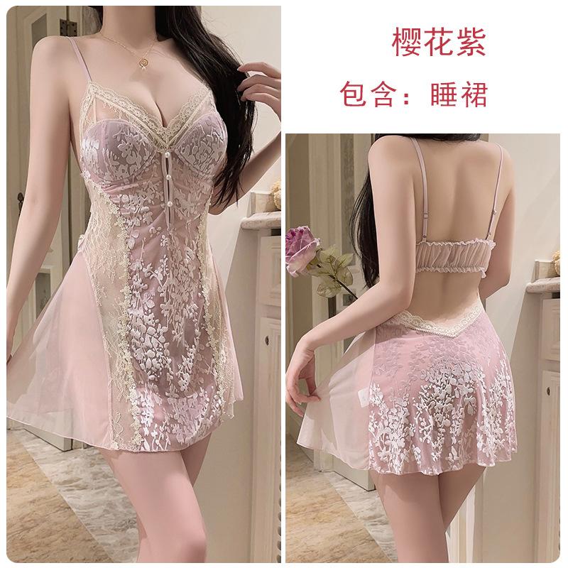 Hot backless women's pajamas deep V plus chest pad sweet mesh sexy velvet pajamas robe set C