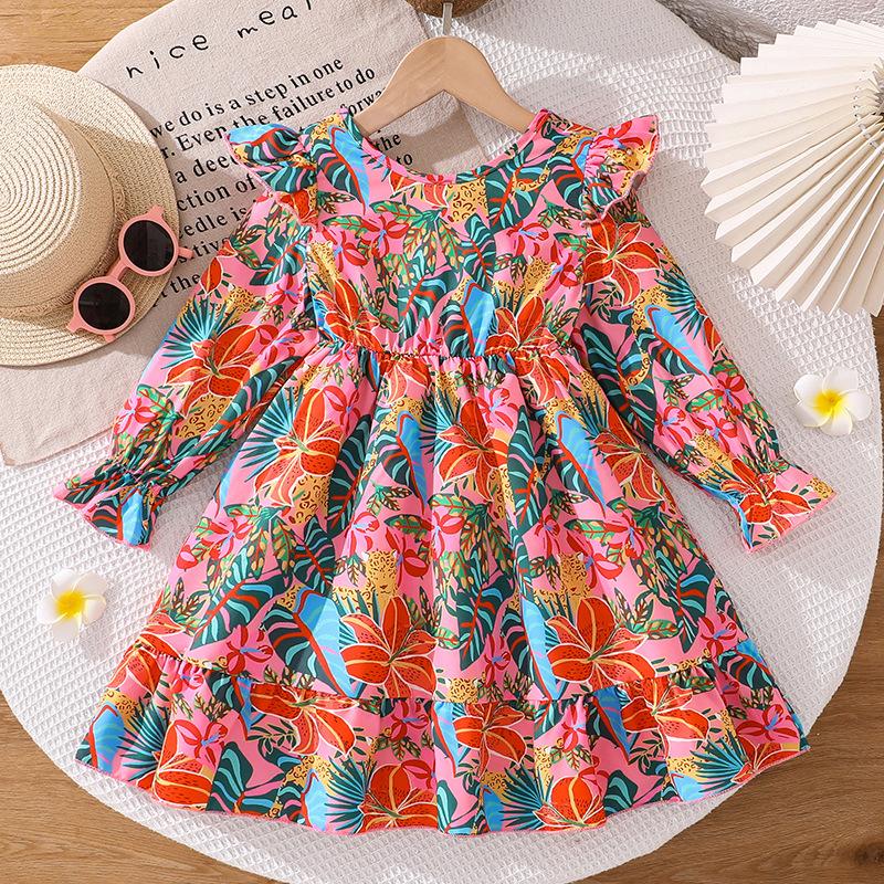 

Платье для девочек Детская одежда Осень Новое Платье принцессы с длинным рукавом и принтом, с бантом на спине 7Y красный