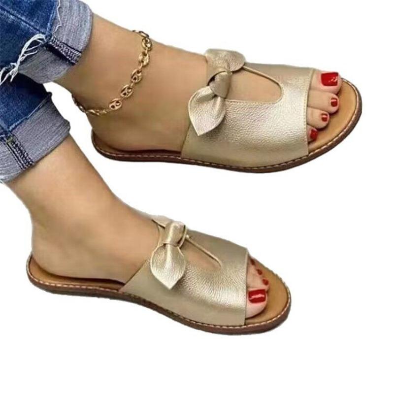 Summer Round-toed Flat Slippers, Women's Bow-shaped Exposed Toe Casual One-shoulder Slippers