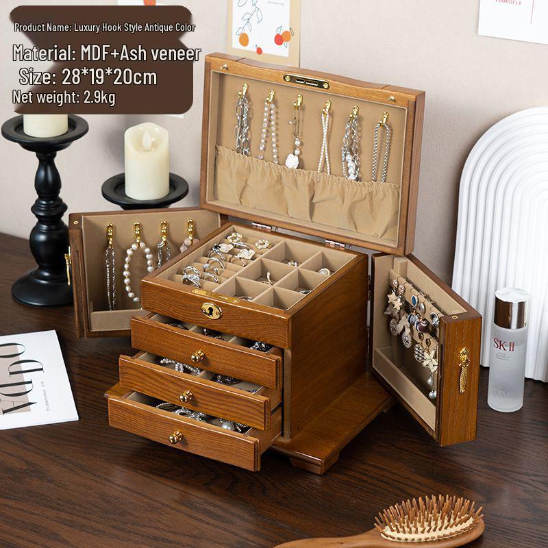 High-End Vintage Solid Wood Multi-layer Jewelry Box with Lock - Large Capacity for Necklace & Ring Storage