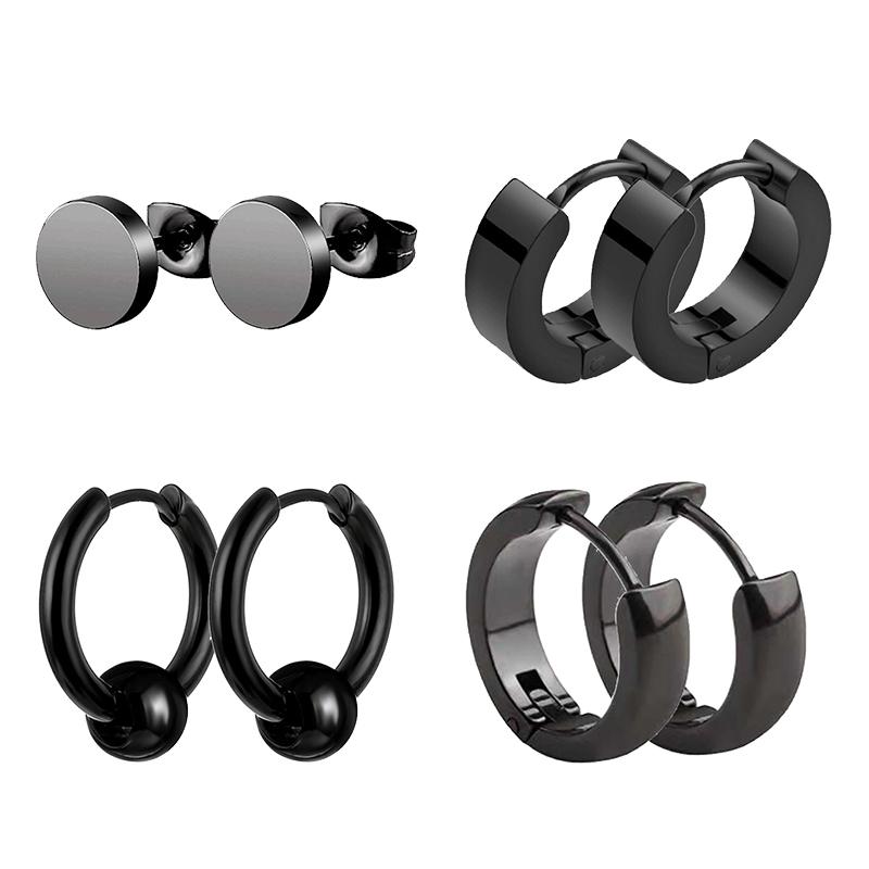 4 Pairs Mens Black Round Disc Huggie Hoop Stud Earrings Stainless Steel Faux Gauges Ear Tunnel Piercing Hypoallergenic Jewelry