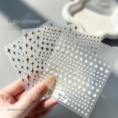 Aha Dreamy Starburst Nail Stickers: Cute Crescent & Star Design In Gold, Silver, Black & White.