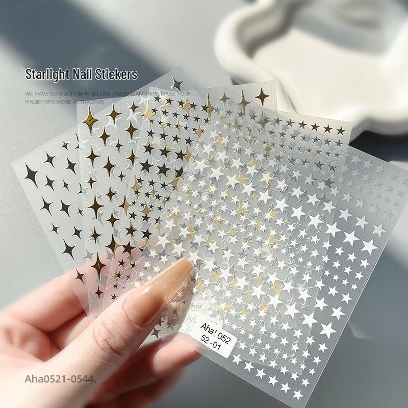 Aha Dreamy Starburst Nail Stickers: Cute Crescent & Star Design In Gold, Silver, Black & White.