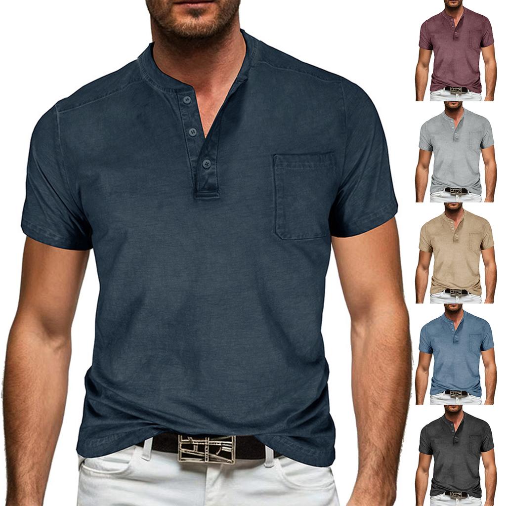 Men Henley Neck Short Sleeve T Shirt Casual Pocket Design Button Up Lightweight Soft Fabric Top for Daily Wear