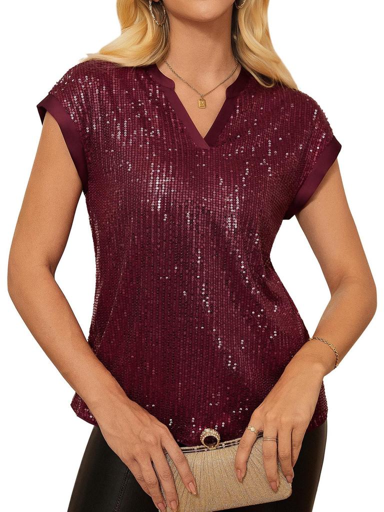 Women's Summer New Fashion Shiny Sequins V-Neck Short Sleeve Party Top Blouse for Women