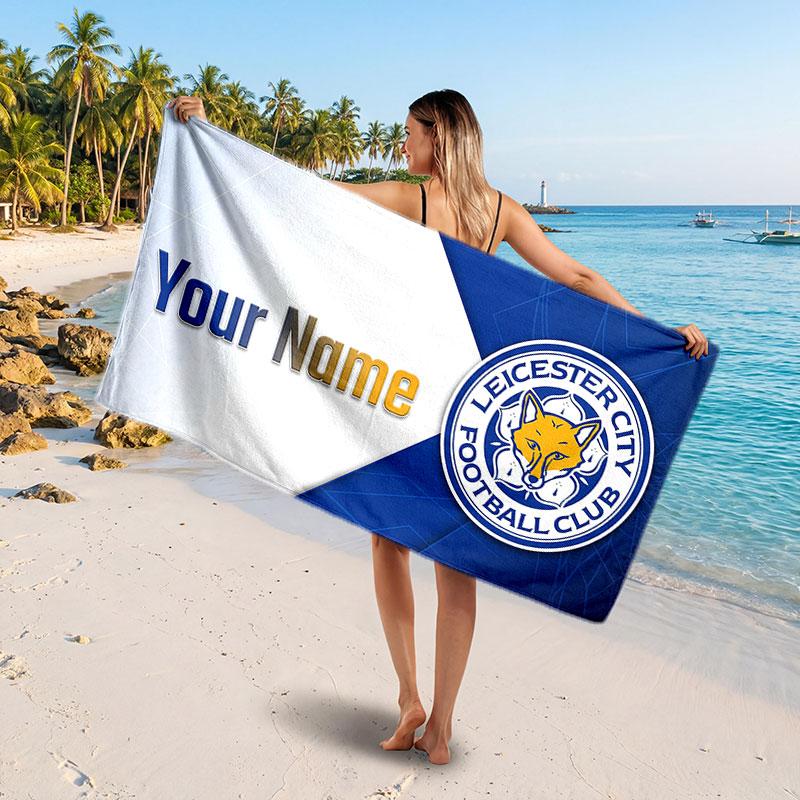 Leicester City Custom Beach Towel, Personalized Name Text Print, Football Logo Soft Quick‑Dry Towel Holiday Gift