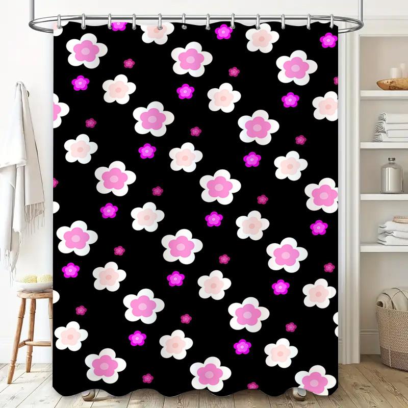 Pink White Flower Print Shower Curtain Black Polyester Waterproof Decor Bathroom Accessories Size: 180 X 200 cm/71x79inch(US) (B