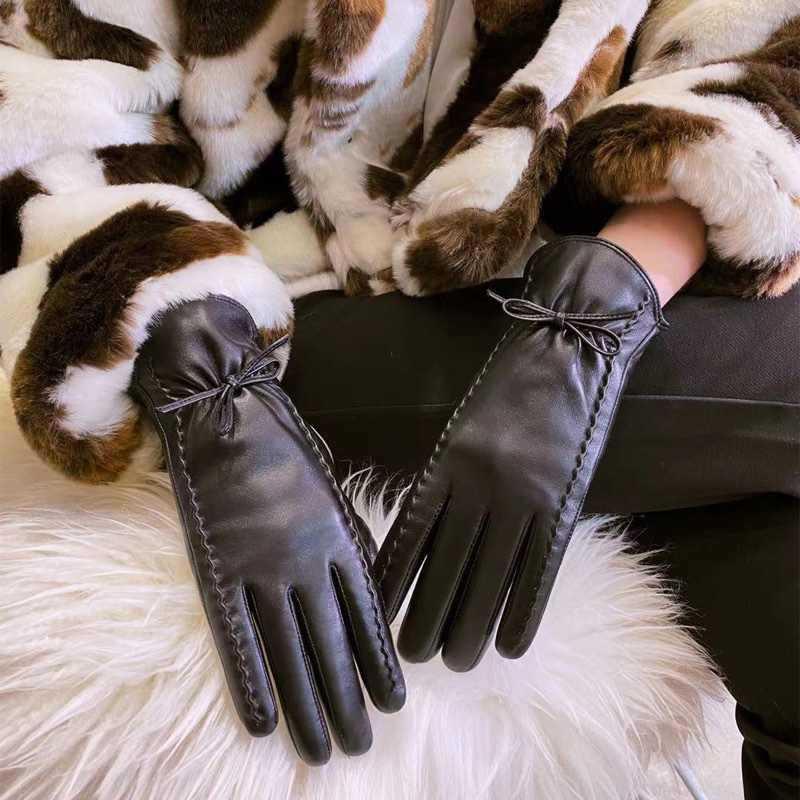 Womens Winter Leather Gloves Bowknot Sheepskin Touchscreen Warm Windproof Driving