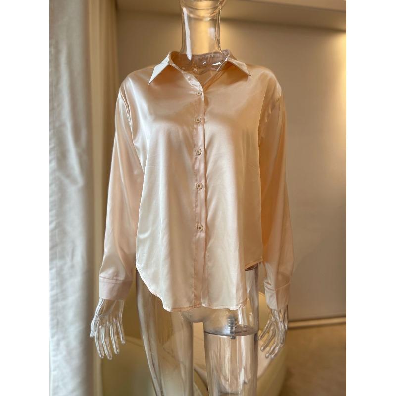 Nueva Camisa de Mujer Primavera y Otoño Elegante de Manga Larga de Satén Casual para Mujer Moda Simple de Color Sólido de un Solo Botón Camisas de Oficina para Señoras