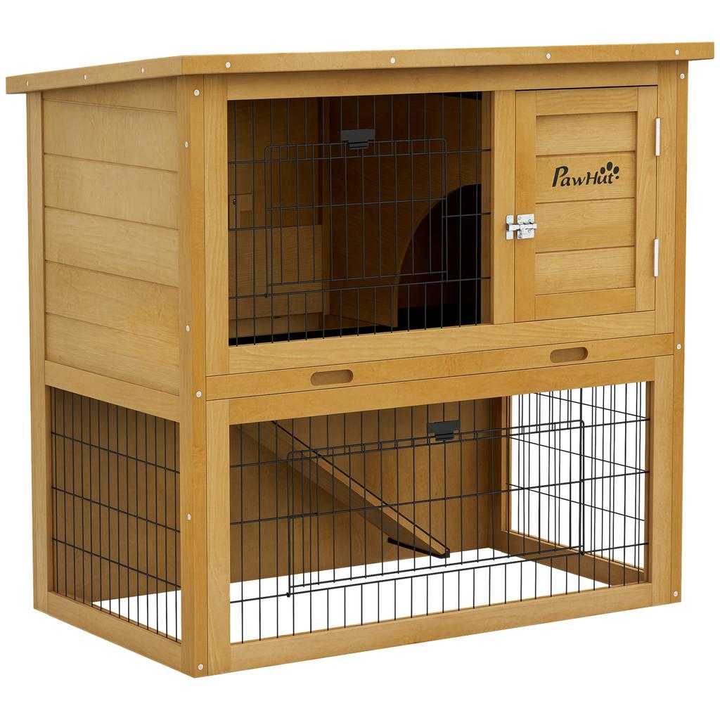 Houten Konijnenhok 2 Verdiepingen met 3 Deuren Uitschuifbare Lade Hellingbaan Asfalt Dak 85 x 50 x 80 cm Geel