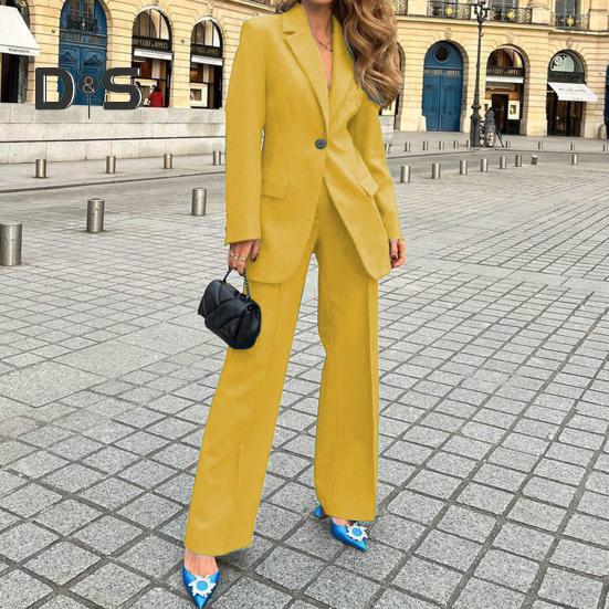 2 buc/set femei haină pantaloni costum culoare solidă rever formal stil de afaceri cu mânecă lungă cu un singur buton picior lat drept navetă birou haină damă pantaloni