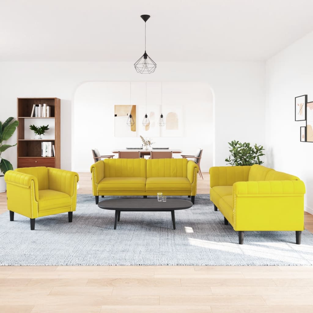 Vidaxl 3-Cz. Living Room Set, Yellow, Upholstered In Velvet