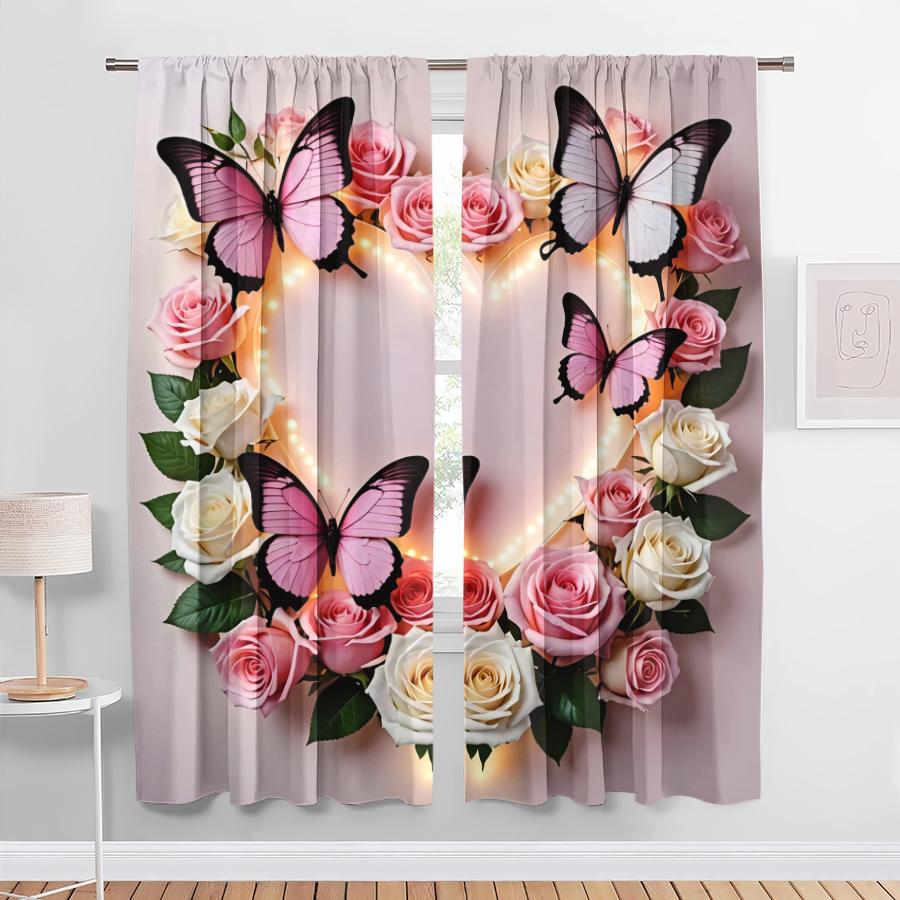 Set Of 2 Pink Butterfly Language Rose Love Curtains Sweet Wind Bedroom Living Room Drawbar Pocket Decorative Curtain Polyester Ideal For Great
