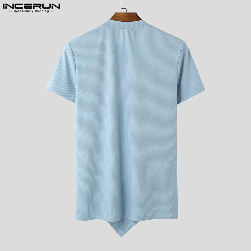 INCERUN Summer Men V Neck Short Sleeve Zip-up Casual Skinny Rib T-shirts Tops