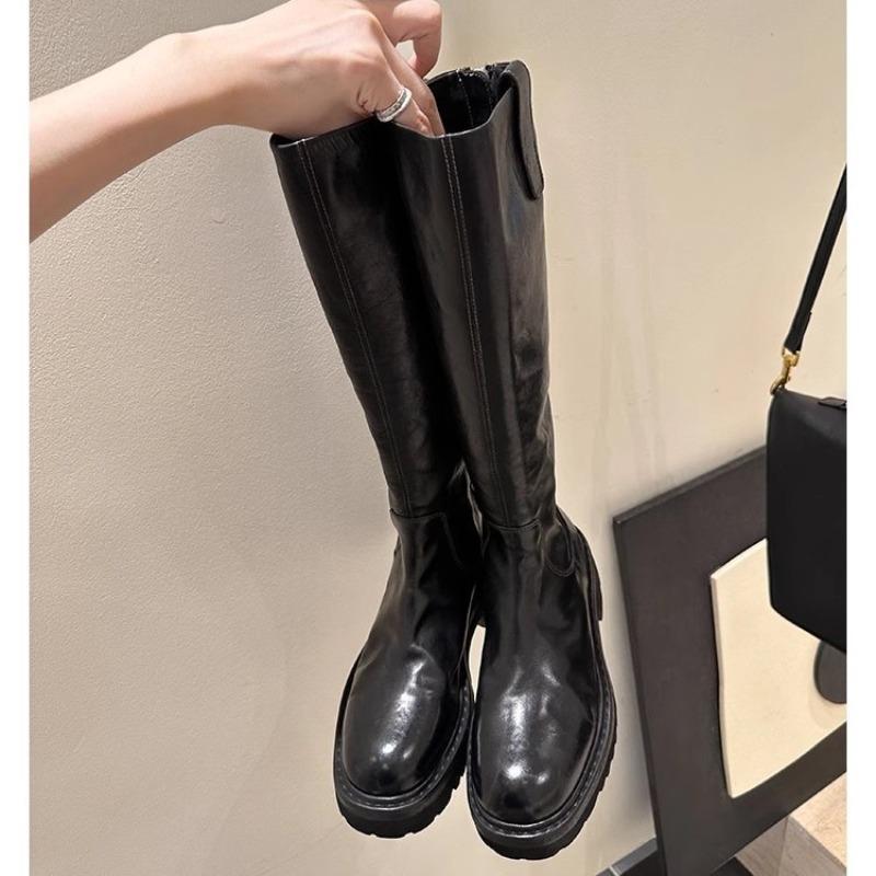 Horse leather leather thick-soled but knee knight boots women's round head slim boots rear zipper boots