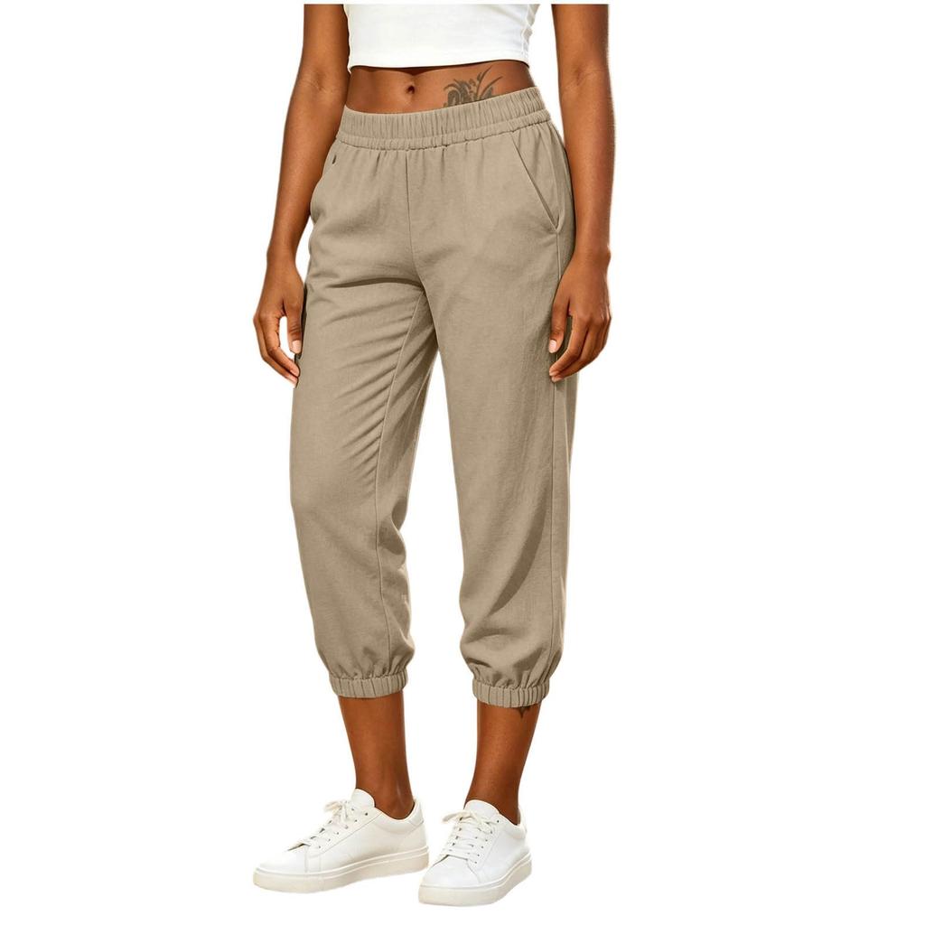 Women Loose Fit Drawstring Waist Casual Pants with Pockets Elastic Ankle Cuffs Cotton Linen for Everyday Wear