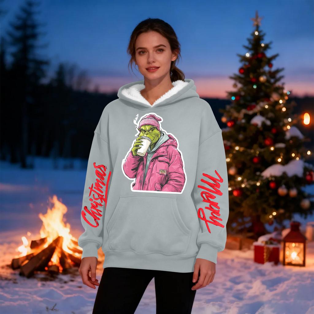 Women's Casual Fashion Plus Velvet Thickened Christmas Print Hooded Sweatshirt