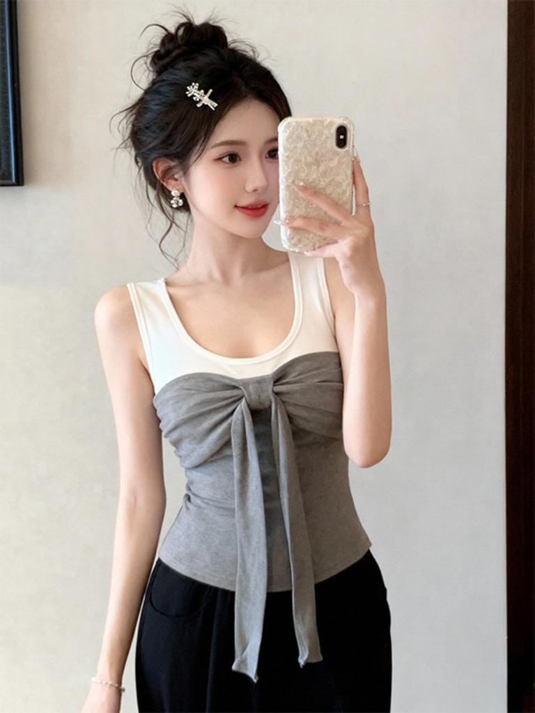 Summer contrasting colors, slim fit and thin inside, sleeveless top with chest pad, French bow lace-up, age-reducing suspender vest