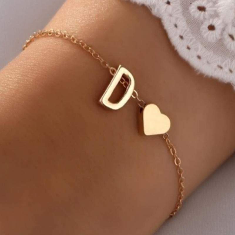 Gold Plated Initial & Heart Charm Bracelet, Customizable Letter Chain Bracelet for Women