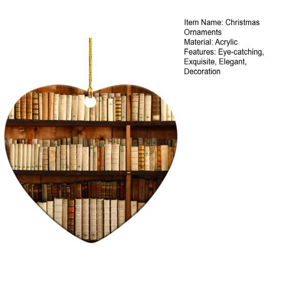 Heart Shaped Christmas Ornament Acrylic Bookshelf Xmas Tree Hanging Decorations 2D Flat Printed Book Gifts for Book Lovers