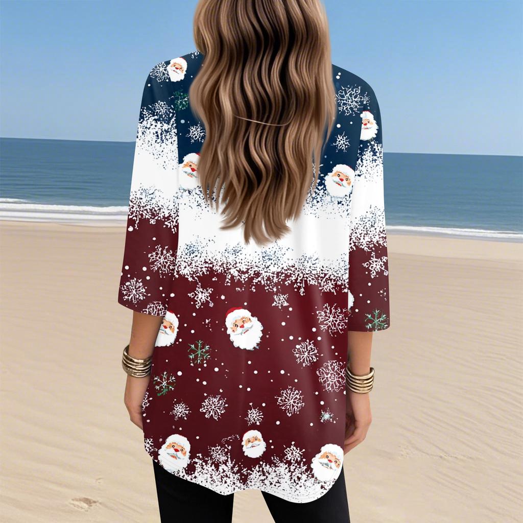 Womens Tops V-neck 3/4 Sleeve Blouses Casual Mid-length Shirts Fashion Christmas Print Tunic Tops With Pockets