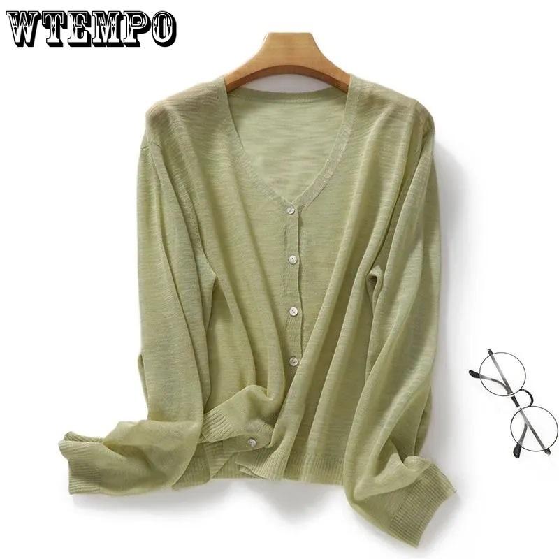 Women V Neck Thin Semi Sheer Knit Cardigan Long Sleeve Single Breasted Sun Protection Casual Knitted Outerwear