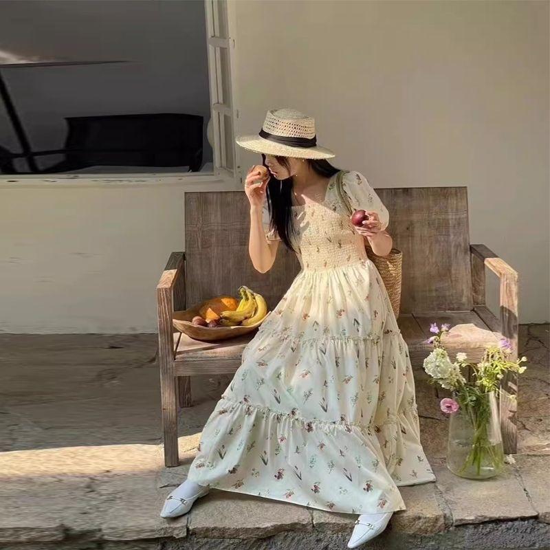 Gentle wind French square collar floral dress women's summer annual temperament vacation dress long