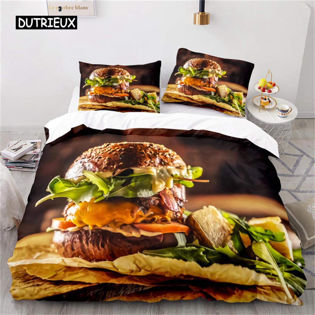 Duvet Cover Gourmet Food Burger Bedding Set Hot Dog French Fries Comforter Cover Microfiber Quilt Cover King Size Bedroom Decor