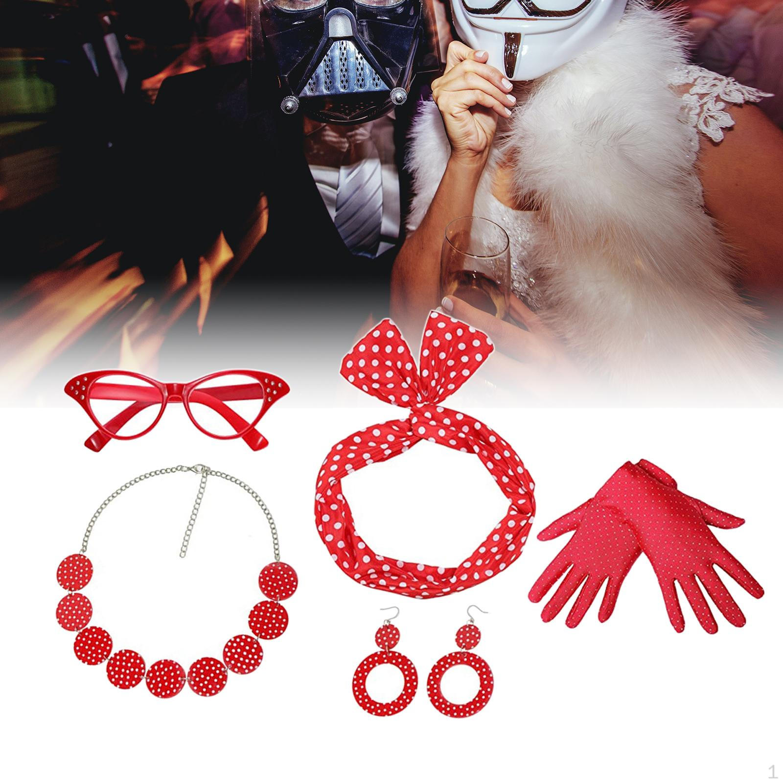 

5 Pack 1950S Womens Costume set Eye Glasses Headband Earring Polka Dot Accessories Necklace 50S Red