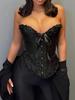 Grunge Jacquard Print Contrast Frill Trim Grommet Eyelet Front Lace Up Back Boned Overbust Shapewear Corset Tube Top With Thong Halloween Outfits