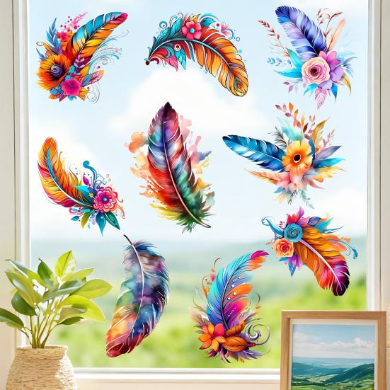 Watercolor Feather Flower Pattern Window Sticker, Transparent Electrostatic Adhesion Glass Decal, Waterproof Scratch-Resistant Decorative Film