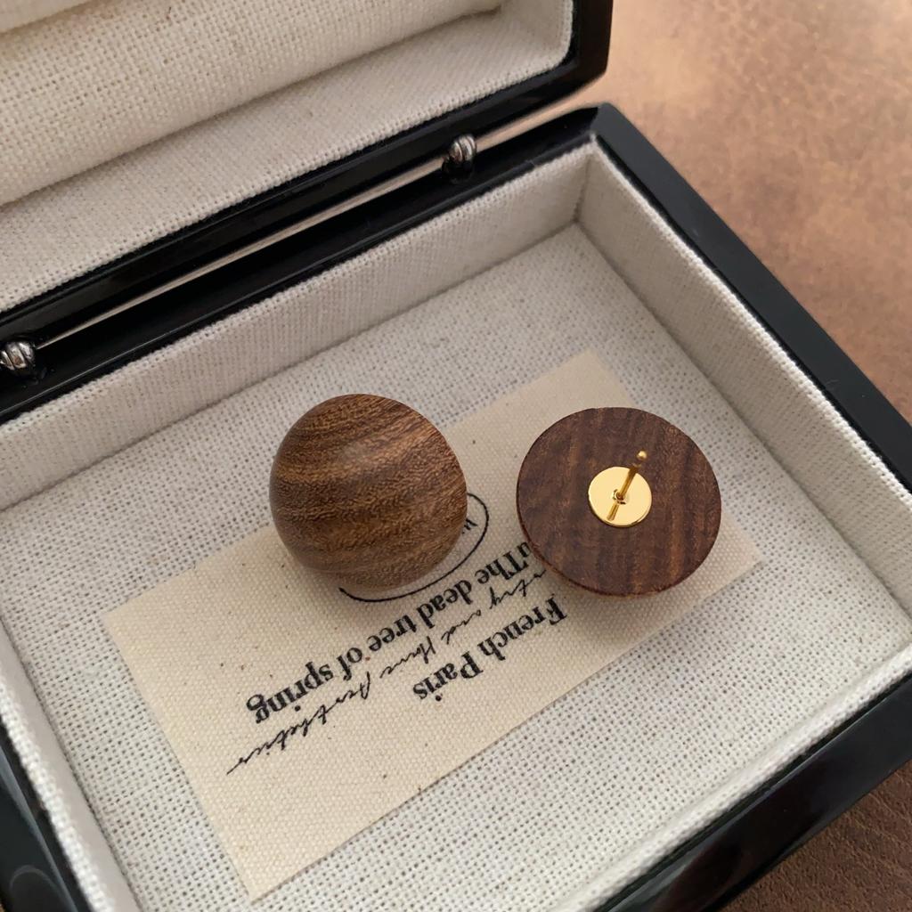 Natural gold silk sandalwood ball stud earrings, native texture piercing earrings