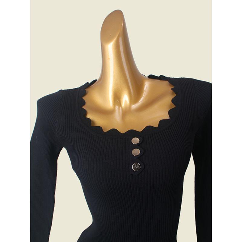 Collar Slim Fit Slimming Long Sleeves Bottoming Shirt Foreign Trade Original Order Sexy Metal Buckle Clavicle Beauty Autumn Knitted Inner Match
