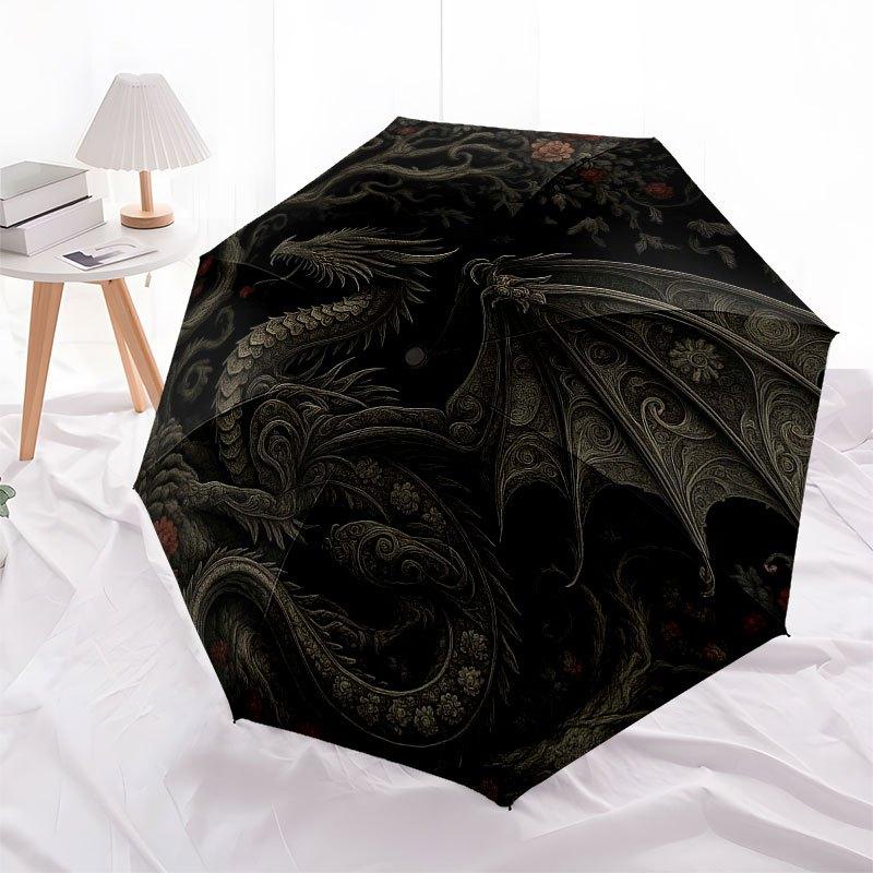 Fantasy Dragon & Tree Circular Wall Art Umbrella, Cute Umbrella with Cute Design, Portable 3-Fold Compact Umbrella for Men & Women, Valentine's Day Mo
