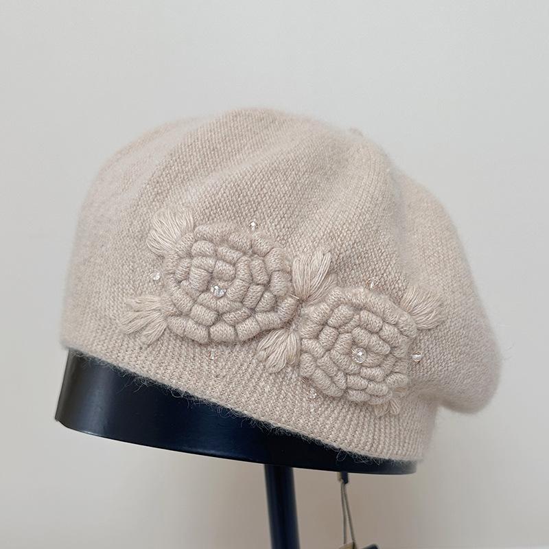 Autumn and Winter Hat Femininity Sweet Headhat Flower Rabbit Velvet Knitted Beret,Winter Hats for Women, Beanies for Women, Hats for Women Winter