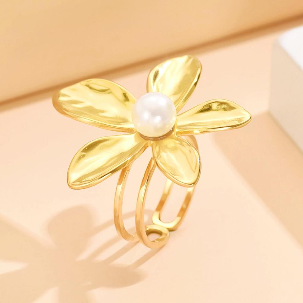 Elegant Flower Pearl Inlaid Ring - Open Stainless Steel, Gold Plated Women's Accessory