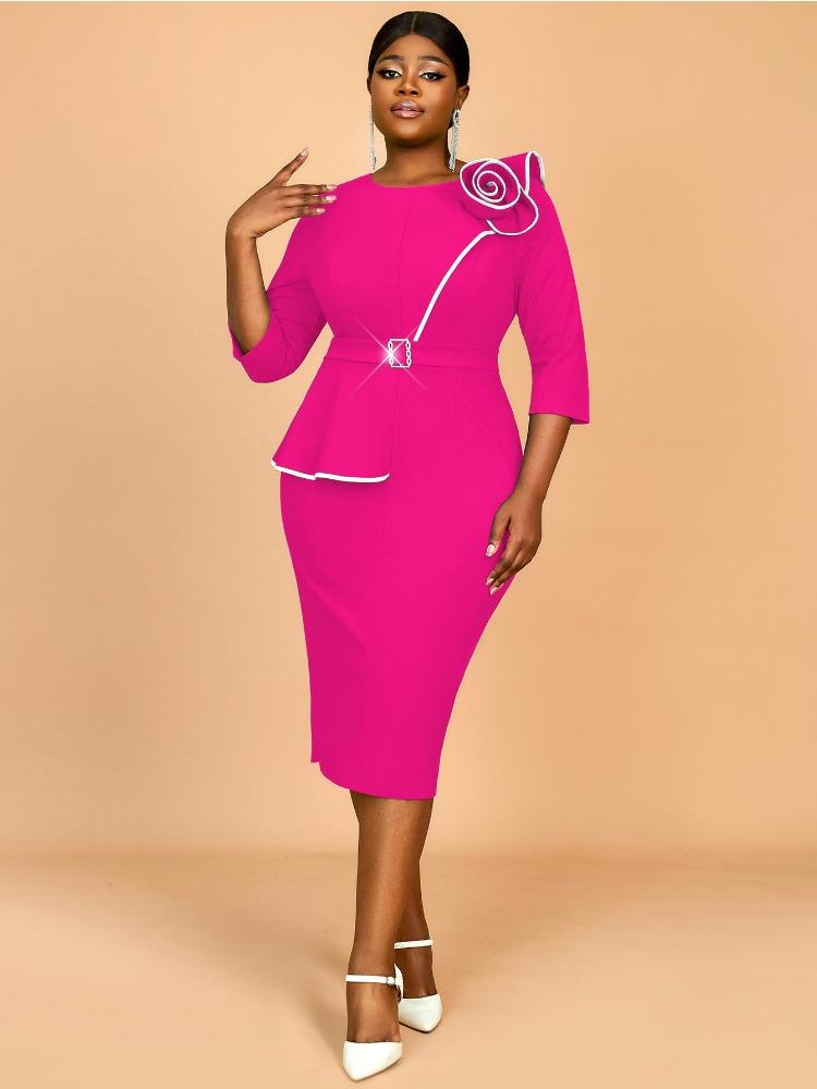 Women Elegant Bodycon Dress with O Neck 3D Flower Belt Patchwork High Waist  Asymmetrical Package Hip Split  Party Outfit