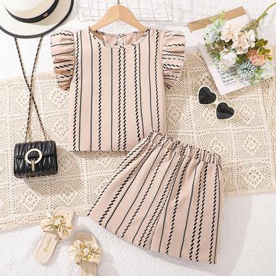 Girls' Suit Summer Kids Fashion Fly-sleeved Top Striped Shorts Casual Two-piece Suit