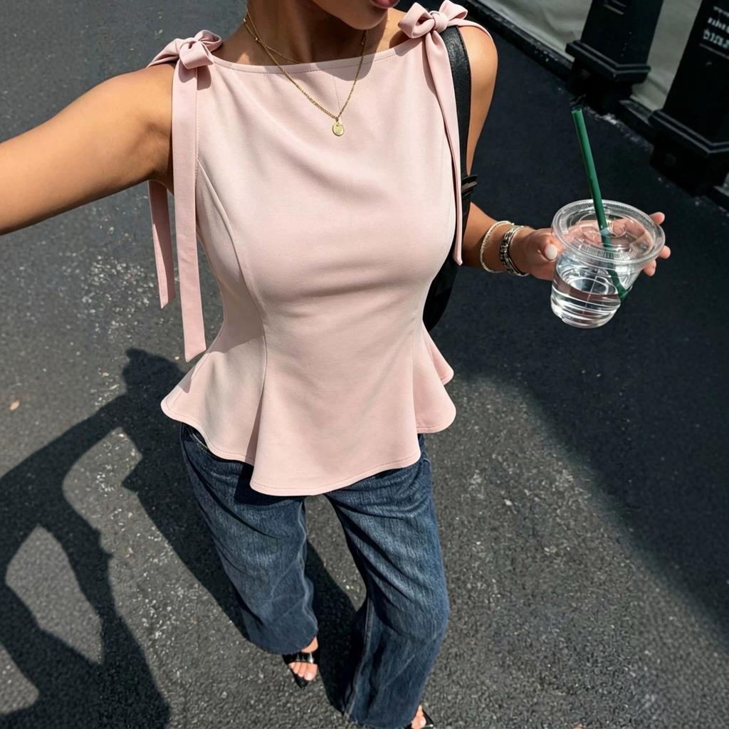Sleeveless Top, Bow Tie Waist Slimming Ruffle Top For Women Summer