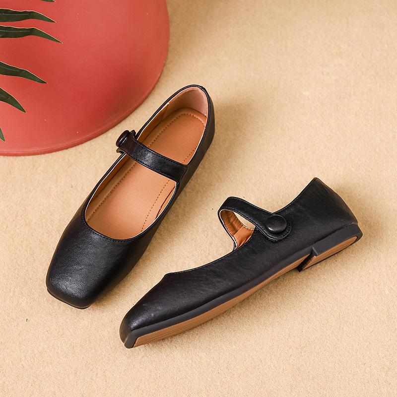 Autumn Square Head Mary Jane Shoes Women'S Burgundy Ballet Soft Leather Retro Versatile Literary Flat Shoes