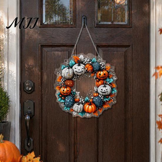Waterproof Halloween Front Door Sign Pumpkin Pendant Decoration with Hanging Chain Acrylic Welcome Party Ornament for Porch Window Wall Indoor Outdoor