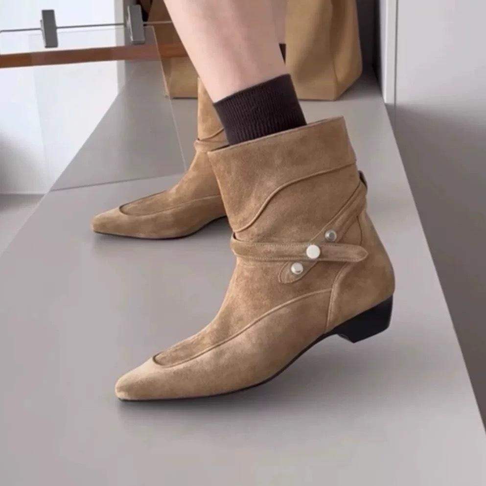 Sheepskin version~ Korean niche suede thick heel small square head western cowboy boots short boots women's autumn and winter new thin boots