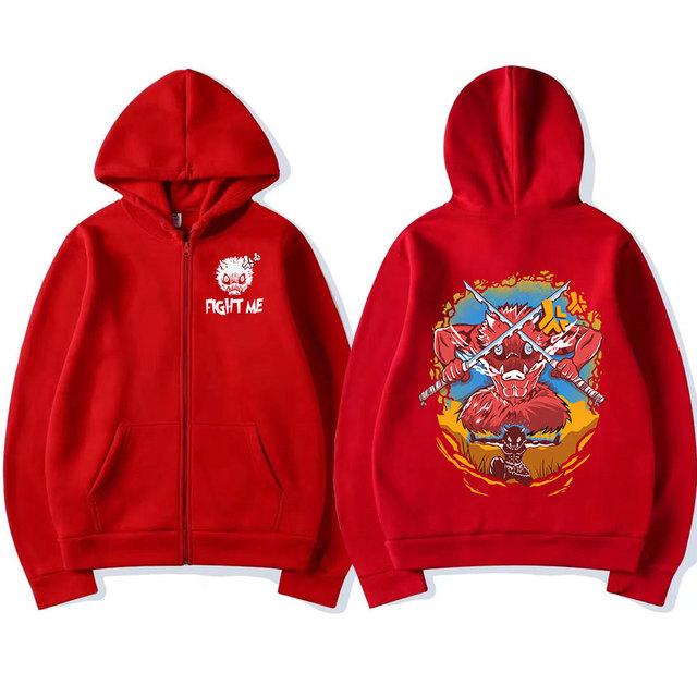 Anime Demon Slayer Zipper Hoodies Kimetsu No Yaiba Funny Boar Head Inosuke Zip Up Hooded Sweatshirts Long Sleeves Hoodies Mens Coats Jackets