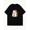 Oversize T-Shirt Schwarz Glückskatze Mit Regenbogen Und Bubble Tea Aufdruck Lässige Streetwear Für Damen